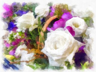 Bouquet with white roses and blue pink flowers watercolor style illustration impressionist painting.