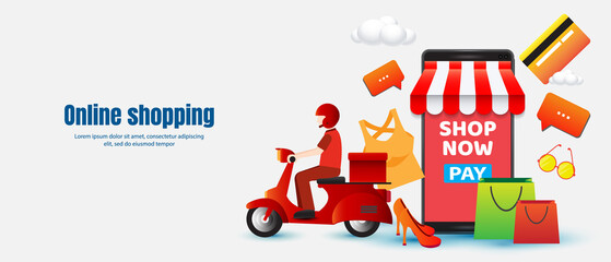 Online delivery service vector illustration with scooter mobile bags credit card fashion elements and message icon E-commerce concept
