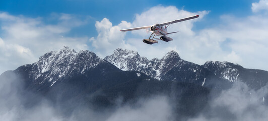 Obraz na płótnie Canvas Aerial Panoramic View of Canadian Rocky Mountain Landscape with Seaplane Flying. 3d Rendering Airplane. Background Image near Vancouver, British Columbia, Canada.