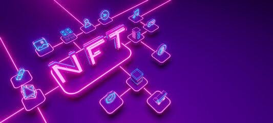 NFT Non-Fungible Token Cryptocurrency unique items art games characters collectibles exchanging technology network virtual blockchain marketplace concept. 3d rendering.