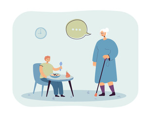 Sad boy eating porridge prepared by grandmother. Senior woman taking care of grandson health, making breakfast flat vector illustration. Family concept for banner, website design or landing web page