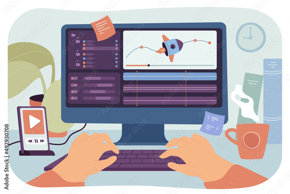 Fototapete motion designer working on computer flat vector illustration. game creator or web programmer animati