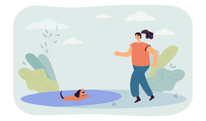 Girl walking with dog in nature flat vector illustration. Happy puppy swimming in pond, owner playing with pet in park. Friendship, care concept for banner, website design or landing web page