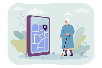 Old woman looking at phone screen with map on it. Person using mobile app to find route or reach destination flat vector illustration. Navigation concept for banner, website design or landing web page