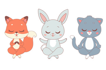 Yoga cartoon animals - fox, rabbit and cat, vector