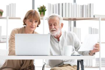 senior businesswoman and businessman talking and working together with laptop computer
