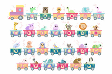 Alphabet train with animals set. Vector illustrations of abc for preschool children learning English letters. Cartoon funny pets sitting in vehicles isolated on white. Education, game concept