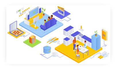 Father, mother, kid watch tv, make cookies together at home, flat vector isometric illustration. Family leisure activity