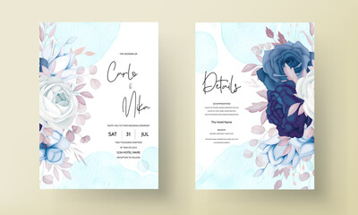 elegant blue and sweet brown floral wedding invitation card