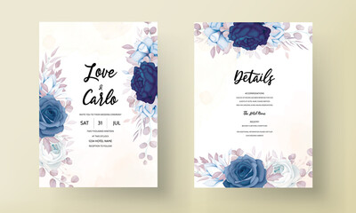 elegant blue and sweet brown floral wedding invitation card
