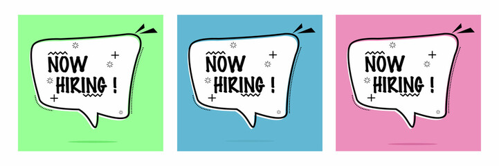 set of chat bubbles with text now hiring. recruitment banner design