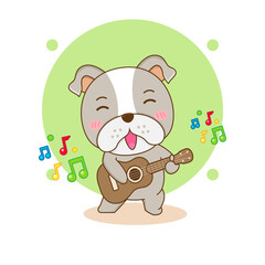 Cute bulldog playing guitar cartoon character