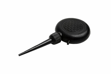Black plastic oiler isolated on white background. Tool for Lubrication of moving rubbing parts and...