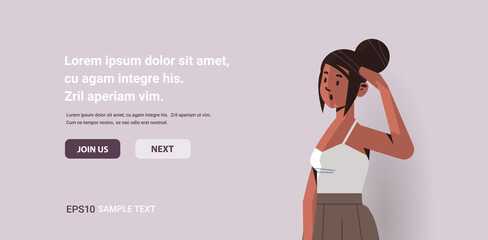 frustrated african american girl holding head businesswoman thinking problem solution