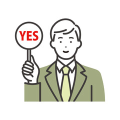 回答札（YES）を持つ若いビジネスマン