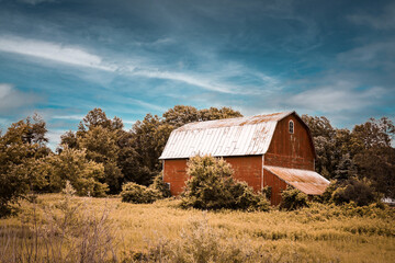 Fototapeta premium homestead farm prairie red barn overgrown abandoned empty vintage landscape plain