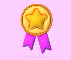 Winner medal with ribbon in 3d cartoon style. Award rosette badge render. Soft pop vector design element