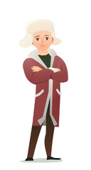 Little boy in winter clothes. Sheepskin coat and warm hat. Teen in winter. Cheerful person. Standing pose. Cartoon comic style flat design. Single character. Illustration isolated background. Vector