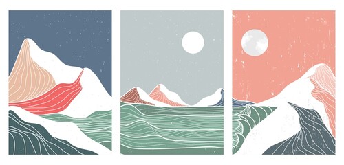 Mountain and ocean wave line art print. wallpaper design for cover background. Abstract contemporary aesthetic backgrounds landscapes. vector illustrations