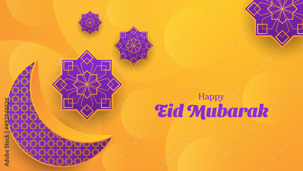 Sticker Happy Eid Mubarak background in orange and purple color. islamic vector illustration