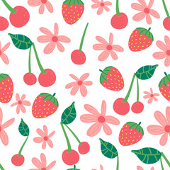 Strawberry flowers cherry seamless vector pattern. Repeating background with summer fruit. Use for fabric, gift wrap, packaging.