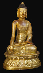 Beautiful shining classical Buddha Shakyamuni. Siddhartha Gautama. Golden statue with open eyes isolated on the black background