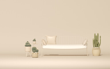 Minimalist outdoor furniture with  cactus pot, chair outdoor in pastel beige and white color. Creative composition. 3D render for social media, shopping store .Minimalist lifestyle.