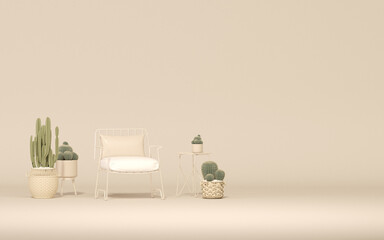 Minimalist outdoor furniture with  cactus pot, chair outdoor in pastel beige and white color. Creative composition. 3D render for social media, shopping store .Minimalist lifestyle.