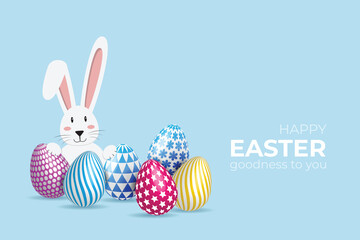 Easter greeting with bunny and egg on light blue background.