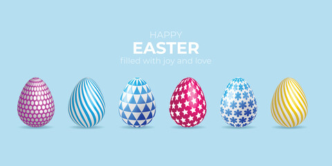 Vector six easter eggs various patterns on light blue background, happy easter, full of happiness and love Easter Promotion and Shopping Templates. illustrator
