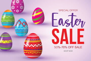 Easter sale banner background template with beautiful colorful eggs.Vector illustration.