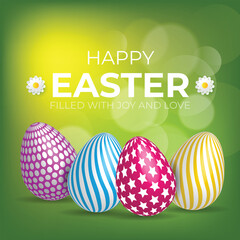 Happy Easter Card with Eggs, Flowers & Bokeh Effect. Vector illustration