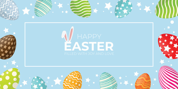 Easter greeting with bunny and egg on light blue background, happy easter, full of happiness and love Easter Promotion and Shopping Templates. illustrator