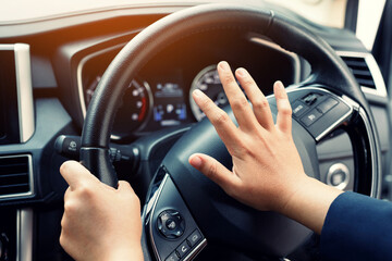 man pushing horn while driving sitting of a steering wheel press car, honking sound to warn other...