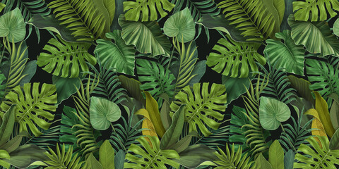 Fototapeta na wymiar Green seamless tropical wallpaper. Pattern with tropical leaves of monstera, palm, banana. Dark plant background. Great for fabric, wallpaper, paper design