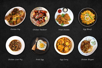 Assorted Indian chicken dishes. Nonveg food banner. Chicken fry, Tandoori, Biryani, Fried chicken, Liver masala, egg curry, bhurji, fried egg. food items over black background with copy space. 