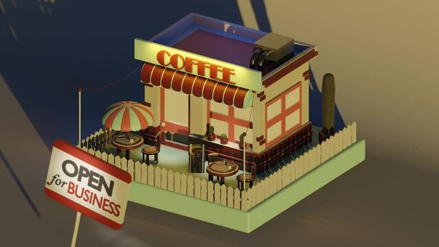 Open For Business Coffee Shop, 3D Rendering Animation Pop Up Light To Dark