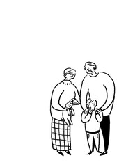 小さい子供とシニア男性と女性、孫と祖父母、線画（縦、右下配置）