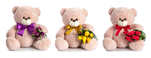 three teddy bears with tulips bows and ribbons. holiday gift concept