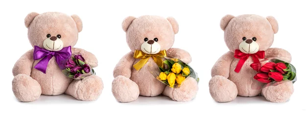 Fotobehang three teddy bears with tulips bows and ribbons. holiday gift concept © Timmary