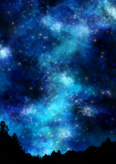 夜空に輝く天の川と森のイラスト