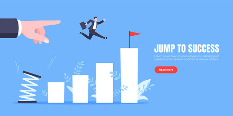 Business mentor helps to improve career with springboard vector illustration. Business person jumps above career ladder graph. Success growth, motivation opportunity, boost career concept.