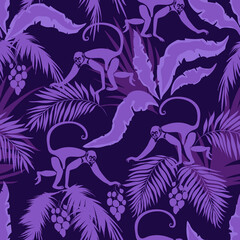 Tropic print with blue monkey. Seamless vector summer background with palm leaves. 