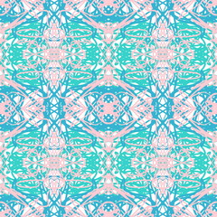 Abstract blue and pink seamless pattern. Fashion textile background in damask east ornate style 