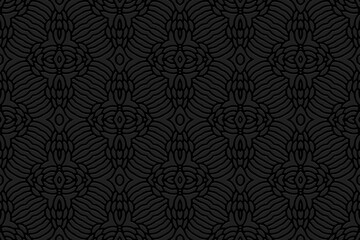 Abstract embossed black background, vintage cover design. Geometric ethnic 3D pattern, hand drawn style. National elements of creativity of the peoples of the East, Asia, India, Mexico, Aztecs.