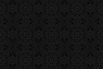 Unique embossed black background, vintage cover design. Geometric ethnic 3D pattern, hand drawn style. National elements of creativity of the peoples of the East, Asia, India, Mexico, Aztecs.