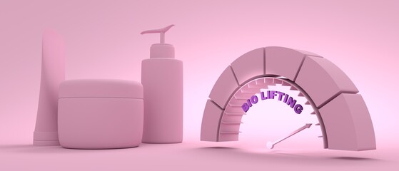 Abstract meter read level of bio lifting result. Set of containers for cosmetology products. 3D render