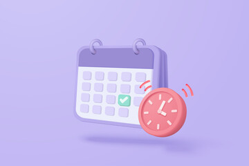 3d calendar marked date for important day in purple background. Calendar with mark for schedule appointment, event day, holiday planning concept 3d alarm clock vector render isolated pastel background - obrazy, fototapety, plakaty