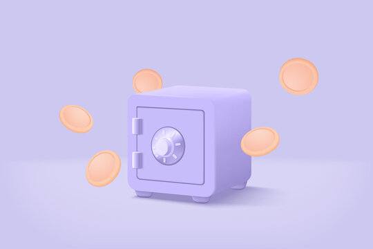 3d safe box minimal design for treasure on purple pastel background. Treasure with gold and money in safe box, money saving, stored money concept. 3d secure box vector render isolate pastel background
