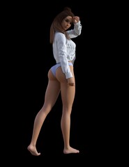 3D illustration of a beautiful woman with brown hair in a white bra and white skirt poses